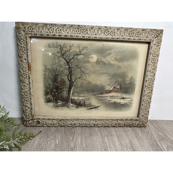 Antique Vintage 1894 J.Hoover Chromolithograph Print Red Barn River Winter Snow - Picture 11 of 16